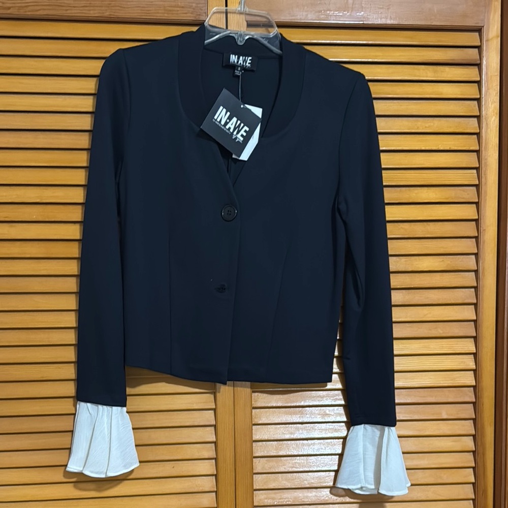 Black and White Tailored Blazer with Ruffled Cuffs